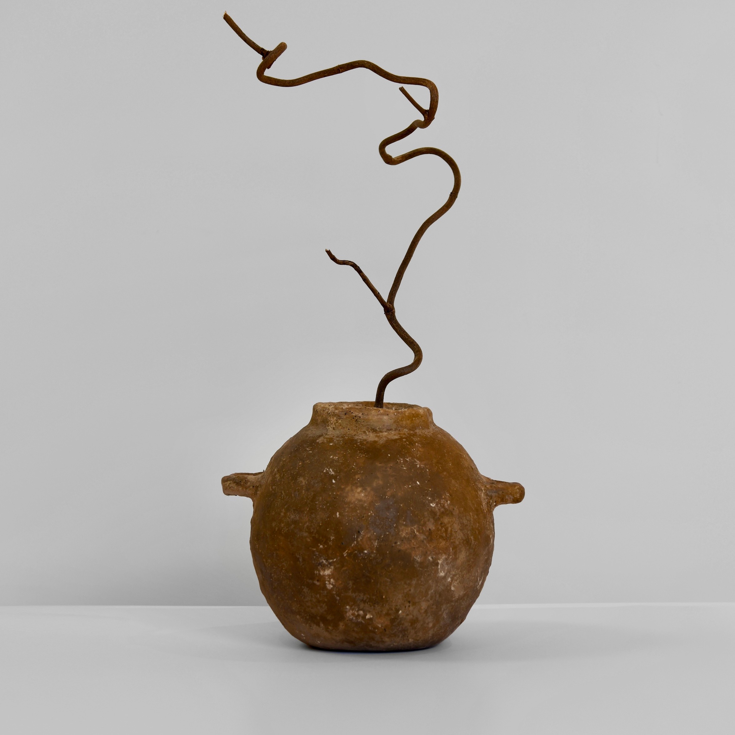 An earth-brown clay-paper vessel photographed with a long curling branch as a prop.